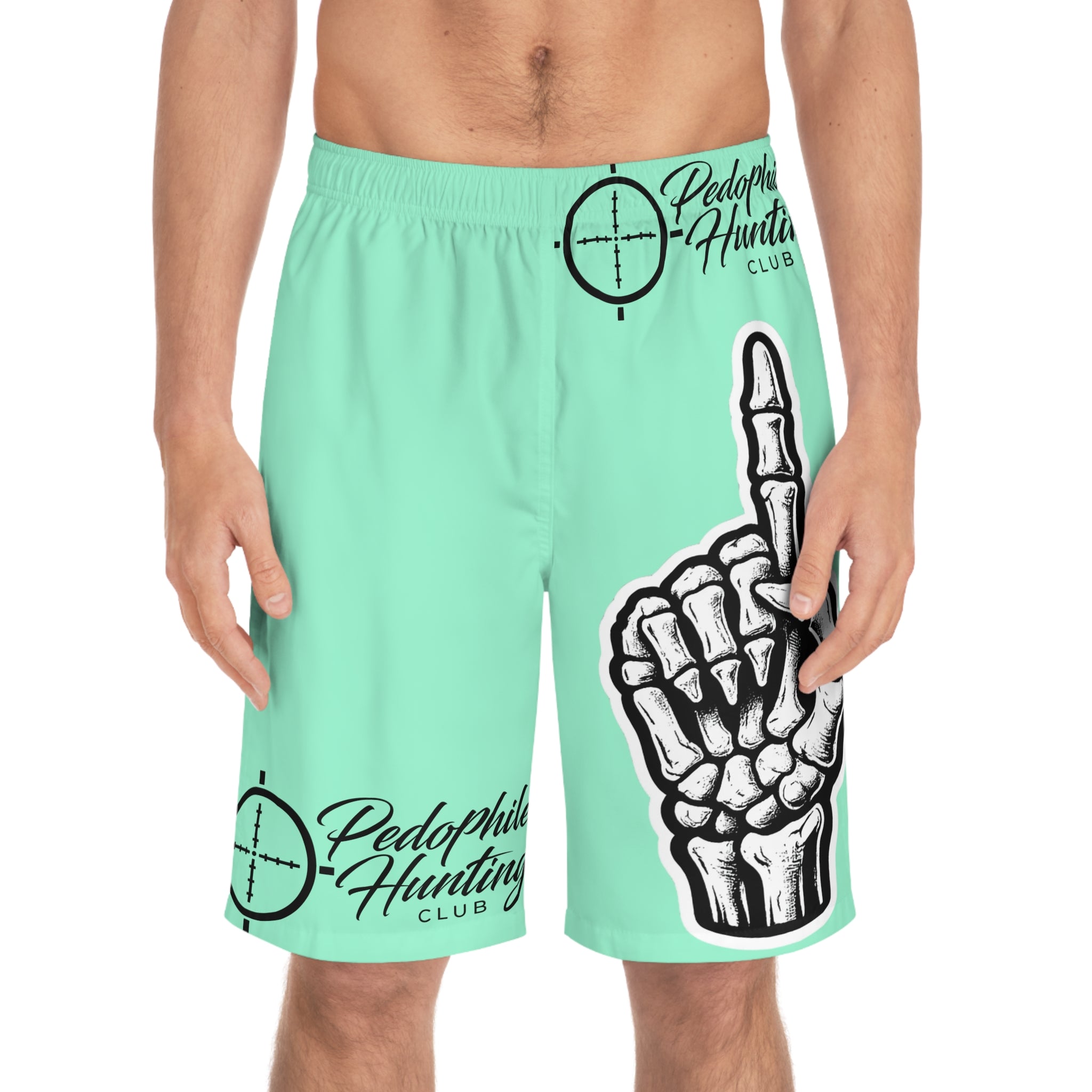 Board Shorts — Skeleton Middle Finger Surf Trunk with 'Pedophile Hunting Club' Logo
