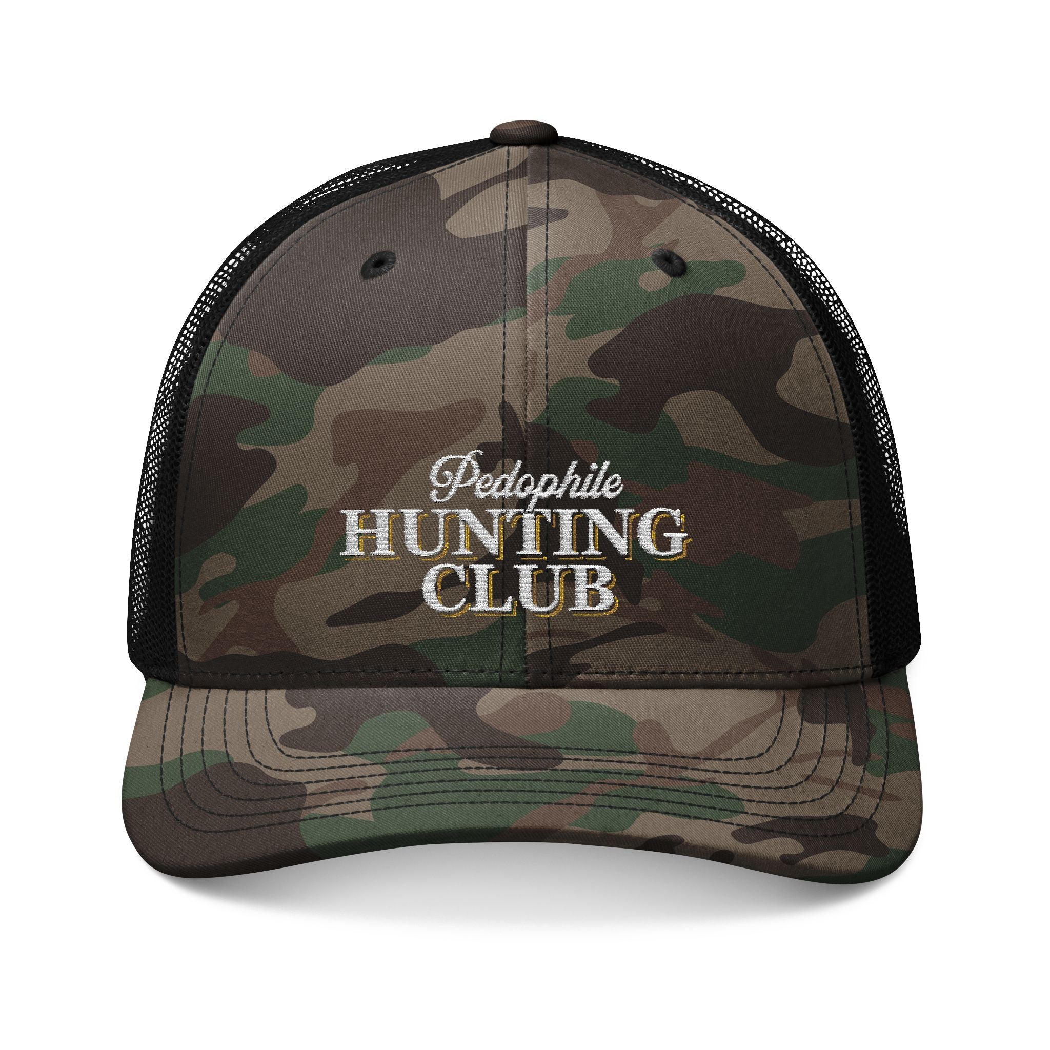 Camo Trucker Hat — "Hunting Club" Embroidered Mesh Cap