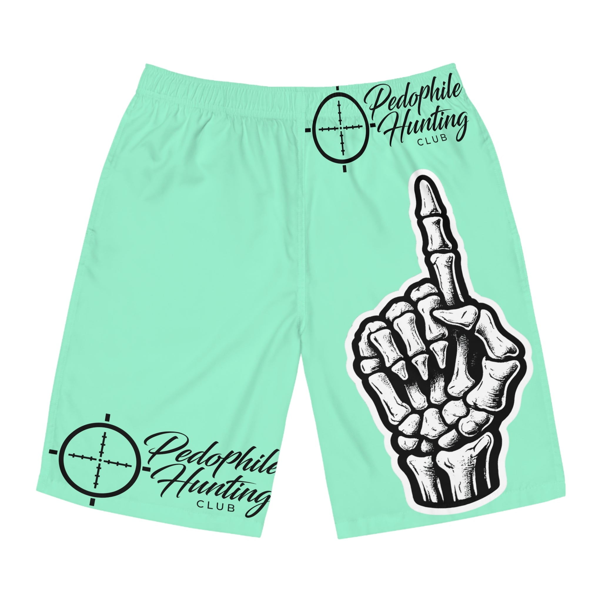 Board Shorts — Skeleton Middle Finger Surf Trunk with 'Pedophile Hunting Club' Logo